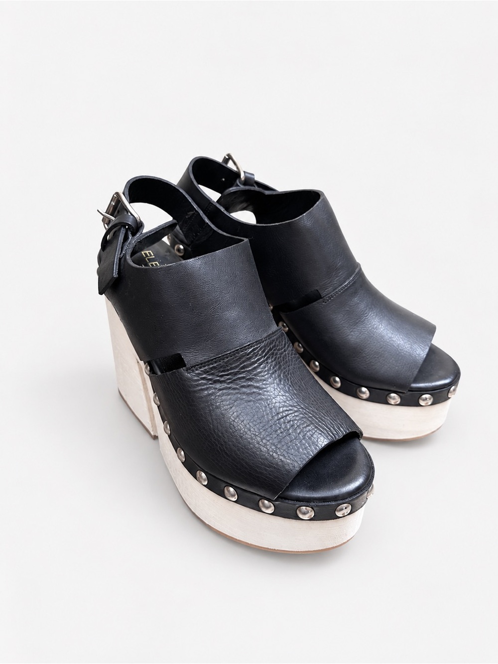 Elena Iachi Studded Leather Platform Wedge Sandals Clogs Black, EU 38